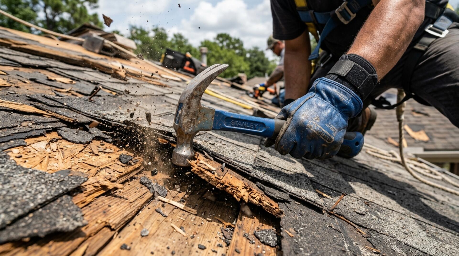 Roofer removing old shingles during a roof replacement in Houston, TX
